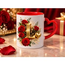 Aion Casa Aıon Casa L Harfli Kırmızı Gül Desenli Kalp Kulplu Kupa Bardak 325 ml