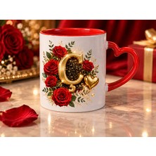 Aion Casa Aıon Casa Ç Harfli Kırmızı Gül Desenli Kalp Kulplu Kupa Bardak 325 ml