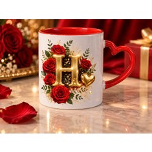 Aion Casa Aıon Casa H Harfli Kırmızı Gül Desenli Kalp Kulplu Kupa Bardak 325 ml