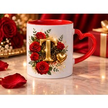 Aion Casa Aıon Casa T Harfli Kırmızı Gül Desenli Kalp Kulplu Kupa Bardak 325 ml