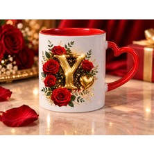 Aion Casa Aıon Casa Y Harfli Kırmızı Gül Desenli Kalp Kulplu Kupa Bardak 325 ml