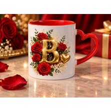 Aion Casa Aıon Casa B Harfli Kırmızı Gül Desenli Kalp Kulplu Kupa Bardak 325 ml