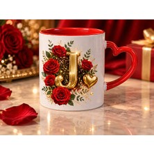 Aion Casa Aıon Casa J Harfli Kırmızı Gül Desenli Kalp Kulplu Kupa Bardak 325 ml