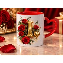 Aion Casa Aıon Casa I Harfli Kırmızı Gül Desenli Kalp Kulplu Kupa Bardak 325 ml