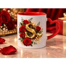 Aion Casa Aıon Casa S Harfli Kırmızı Gül Desenli Kalp Kulplu Kupa Bardak 325 ml