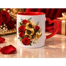 Aion Casa Aıon Casa Ş Harfli Kırmızı Gül Desenli Kalp Kulplu Kupa Bardak 325 ml