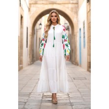 Keyifli Moda Beyaz Sıfır Yaka Kolları Çiçek Baskılı Eteği Kat Kat Uzun Elbise (Renk Seçiniz: Beyaz)