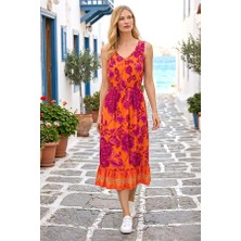 Keyifli Moda Turuncu Çiçekli Eteği Fırfırlı Uzun Elbise (Beden Seçiniz: 2 Beden / Renk Seçiniz: Turuncu)