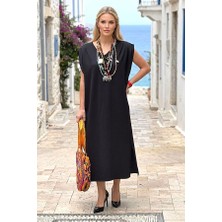Keyifli Moda Siyah V Yaka Yandan Yırtmaçlı Uzun Elbise (Beden Seçiniz: 2 Beden / Renk Seçiniz: Siyah)