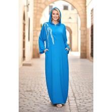 Keyifli Moda Mavi Kapüşonlu Nakışlı Cepli Oversize Uzun Elbise (Beden Seçiniz: Standart / Renk Seçiniz: Mavi)