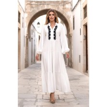Keyifli Moda Beyaz Önü Nakışlı Balon Kol Eteği Kat Kat Uzun Elbise (Renk Seçiniz: Beyaz)