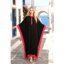 Keyifli Moda Siyah Kırmızı Garnili Sırtı Çiçek Nakışlı Püsküllü Yarasa Kol Yırtmaçlı Oversize Uzun Elbise (Beden Seçiniz: Standart / Renk Seçiniz: Siyah)