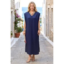 Keyifli Moda Lacivert V Yaka Yandan Yırtmaçlı Uzun Elbise (Beden Seçiniz: 2 Beden / Renk Seçiniz: Lacivert)