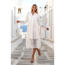 Keyifli Moda Beyaz Önden Düğmeli Kolları ve Eteği Dantelli Ponponlu Midi Elbise (Renk Seçiniz: Beyaz)