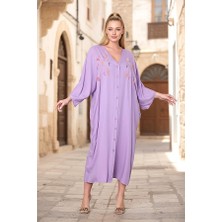 Keyifli Moda Lila V Yaka Önü Nota Nakışlı Cepli Oversize Uzun Gömlek Elbise (Beden Seçiniz: Standart / Renk Seçiniz: Lila)