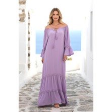 Keyifli Moda Lila Carmen Yaka Fırfırlı Kol Etekleri Fistolu Oversize Uzun Elbise (Beden Seçiniz: Standart / Renk Seçiniz: Lila)