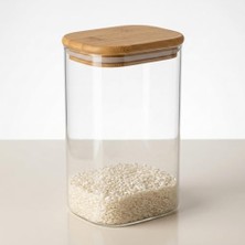Mey İthalat Dikdörtgen Bambu Kapaklı Kavanoz 1300 Ml, Şeffaf Kuru Gıda Saklama Kabı, Makarna Pirinç Bakliyat Kahve Kuruyemiş ve Granola Için Mutfak Düzenleyici Kavanoz, 12 x 8 x 20 cm