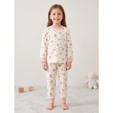 Deniva Kız Çocuk Pembe Sevimli Hayvan Desenli %100 Pamuklu Ribanalı Uzun Kollu Pijama Takımı