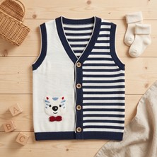 Deniva Unisex Bebek & Çocuk Çizgili Ayıcık Nakışlı Düğmeli Triko Yelek Süveter