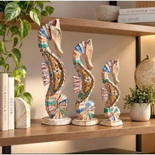 Hüco Bazaar Dekoratif Hediyelik Şık Zarif Büyük 3'lü Ahşap Doğal Deniz Atı El Yapımı 50-40-30 cm Biblo Ofis Ev
