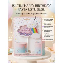 Işıltılı Gökkuşağı ve Bulut Figürlü Happy Birthday Pasta Üstü Süsü - Pembe (Cake Topper)