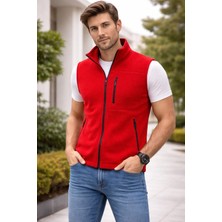 Bizim Terzi Kırmızı Polar Yelek 3 Cepli Tam Fermuarlı Slim Fit Anti Pilling Tüylenme Yapmaz. Hava Geçirmez