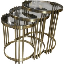 Dizaynomi Modern Antik Eskitme Gold Yuvarlak 3’lü Zigon Sehpa Seti - Şeffaf Cam Tablalı Metal Sehpa