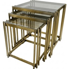 Dizaynomi Modern Antik Eskitme Gold 3’lü Zigon Sehpa Seti - Füme Cam Tablalı Metal Sehpa