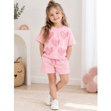Moda Rüyası Kız Çocuk Kalpli Şortlu Takım Pembe Kısa Kollu Tişört Şort 4-5 Yaş