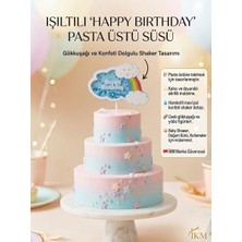 Işıltılı Gökkuşağı ve Bulut Figürlü Happy Birthday Pasta Üstü Süsü - Mavi (Cake Topper)