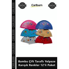 Carlburn Özel Üretim Kaliteli Dekoratif Hediyelik Bambu Çift Taraflı Yelpaze Karışık Renkler 12'li Paket