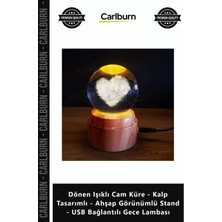 Carlburn Özel Üretim Dönen Işıklı Cam Küre Kalp Tasarımlı Ahşap Görünümlü Stand USB Bağlantılı Gece Lambası