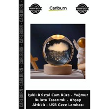 Carlburn Özel Üretim Işıklı Kristal Cam Küre Yağmur Bulutu Tasarımlı Ahşap Altlıklı USB Gece Lambası