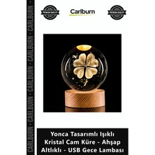 Carlburn Özel Üretim Hediye Şans Yonca Tasarımlı Işıklı Kristal Cam Küre Ahşap Altlıklı USB Gece Lambası