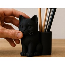 Kahveci Elektronik Store 3D Baskı Kedi Figürlü Kalemlik - Masaüstü Organizer - Siyah