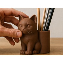 Kahveci Elektronik Store 3D Baskı Kedi Figürlü Kalemlik - Masaüstü Organizer - Kahverengi