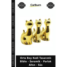 Carlburn Özel Üretim Lüks Modern Dekoratif Obje Orta Boy Kedi Tasarımlı Biblo Seramik Parlak Altın Süs