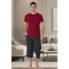 Mecit Pijama Mecit 2911 Bordo Ekoseli Erkek Büyük Beden Capri Pijama Takımı