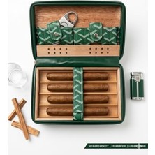 Kazan Hobi Lüks Yeşil Deri Seyahat Tipi Puro Kutusu, Sedir Ağacı Kaplı 4'lü Puro Kılıfı - Özel Desenli Portatif Humidor, Puro Kesici ve Aksesuar Bölmeli - Erkekler Için Premium Hediye Seti