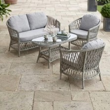 Huteras Vale Rattan 2+1+1 Bahçe Balkon Oturma Grubu Oval Cam Sehpalı Minderli Gri