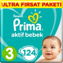 Prima Bebek Bezi Aktif Bebek 3 Beden 6 - 10 kg Bantlı Bez 124 Adet Ultra Fırsat Paketi