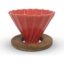 Horecamark V60 Seramik Dripper No.2 Kırmızı Ahşap Standlı 14x12x10 cm Demleme Ekipmanı