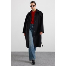 Olcay Gömlek Yaka Oversize Ara Boy Kaban Siyah 3194