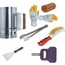 Açan Mangal Barbekü Yakma Seti Kormatik Çıra Yelpaze Çelik Maşa Eldiven 7 Parça Set
