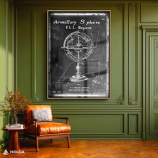 Holda Props Altın Renk Çerçeveli Cam Tablo Armillary Sphere Patent Teknik Çizim Tablo Duvar Dekorasyonu
