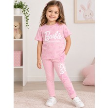 Moda Rüyası Kız Çocuk Barbie Baskılı Pembe Tişört ve Tayt Takım 3-4 Yaş
