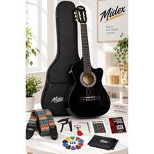Midex CG-395BK Siyah Klasik Gitar 4/4 Sap Ayarlı Kesik Kasa Full Set (Çanta Askı Metod Pena)