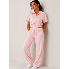 Yumey Taş Detaylı Modal Kumaş Pembe Fermuarlı Eşofman Takımı