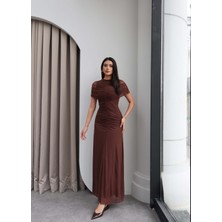 Esra Helvacı Boyun Bel Büzgülü Tül Elbise