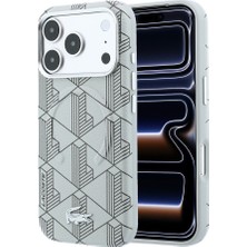 iPhone 18 Pro Max Kılıf Lacoste Lisanslı M-Safe Metal Logolu Deri Karışık Monogram Kapak Açık Gri